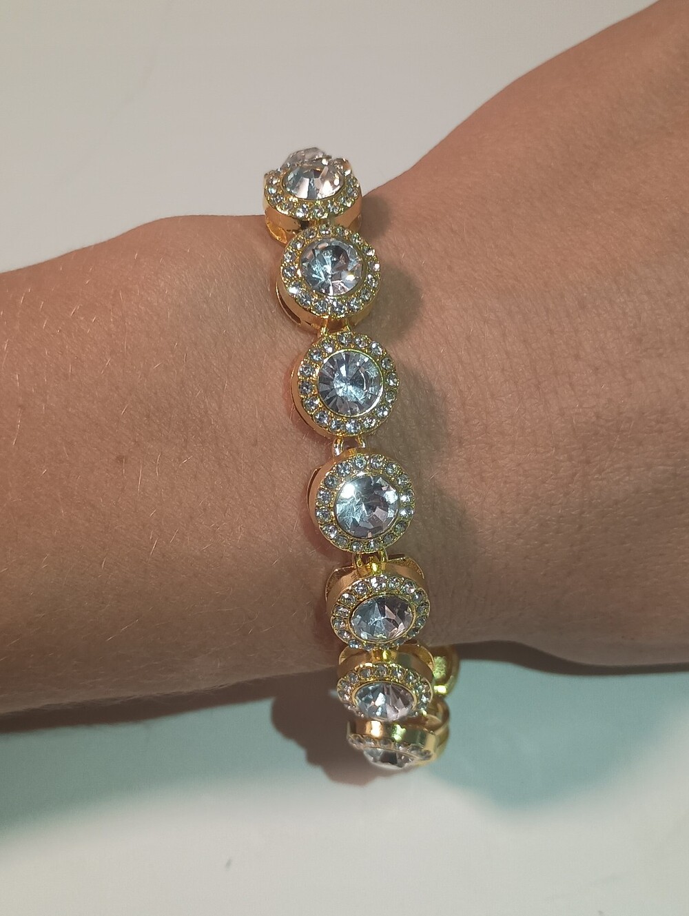 Iced Out Gold Halo Tennis Bracelet Bling Round Crystal Rhinestone Statement Y2K